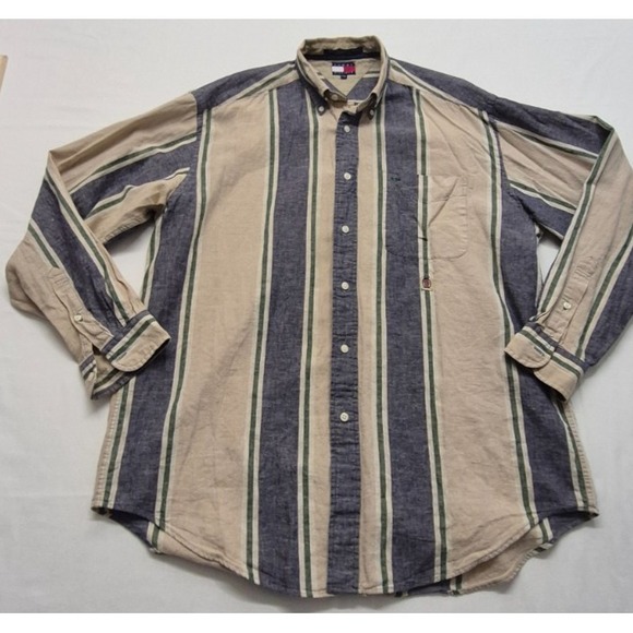 Tommy Hilfiger Other - VTG‎ Tommy Hilfiger men's tan striped LS button up shirt logo/pocket Linen Blend